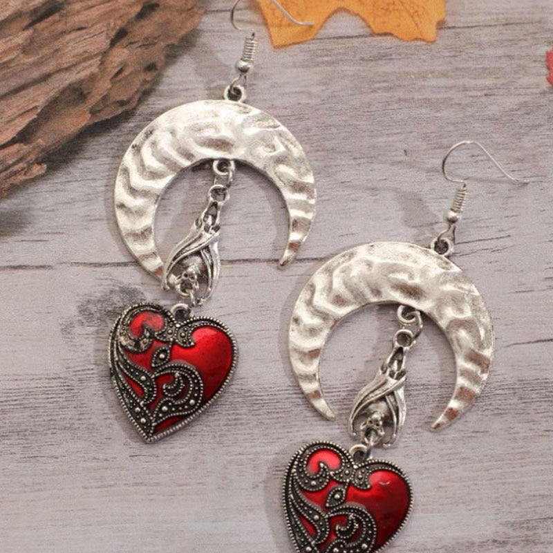 Wholesale Silver Moon Bat Red Heart Vintage Gothic Earrings
